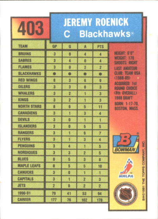1991-92 Bowman #403 Jeremy Roenick back image