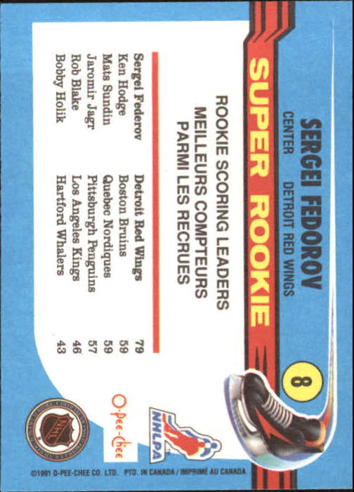 1991-92 O-Pee-Chee #8 Sergei Fedorov SR UER/name misspelled back image