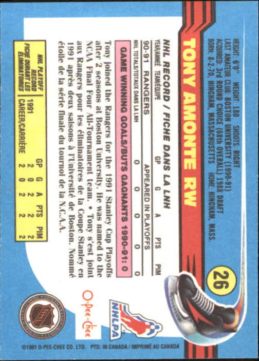1991-92 O-Pee-Chee #26 Tony Amonte RC back image