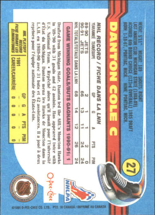 1991-92 O-Pee-Chee #27 Danton Cole back image