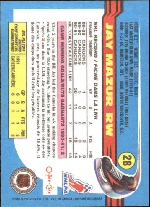 1991-92 O-Pee-Chee #28 Jay Mazur back image