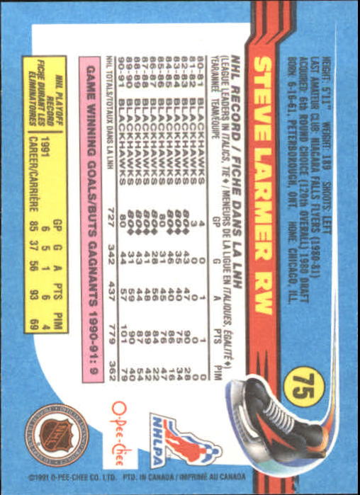 1991-92 O-Pee-Chee #75 Steve Larmer back image