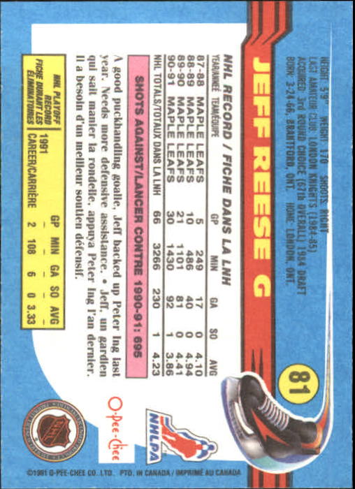1991-92 O-Pee-Chee #81 Jeff Reese back image