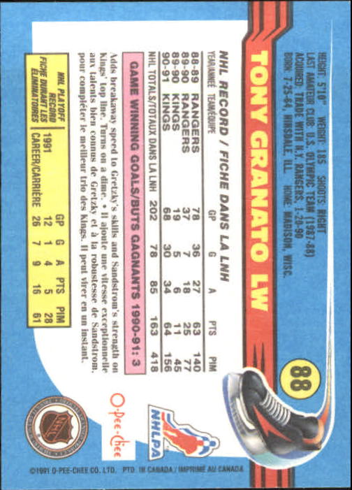 1991-92 O-Pee-Chee #88 Tony Granato back image
