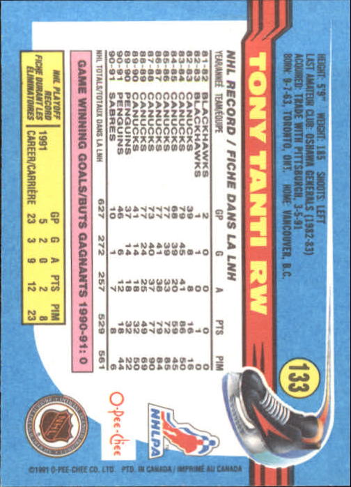 1991-92 O-Pee-Chee #133 Tony Tanti back image
