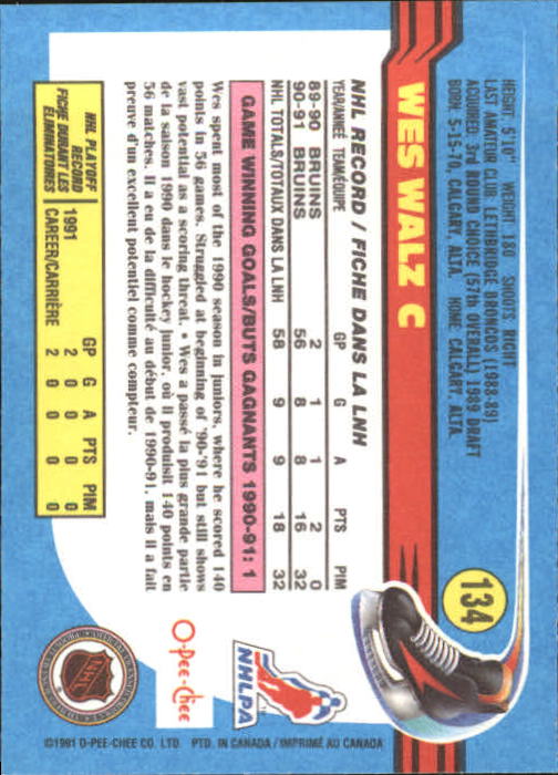 1991-92 O-Pee-Chee #134 Wes Walz back image