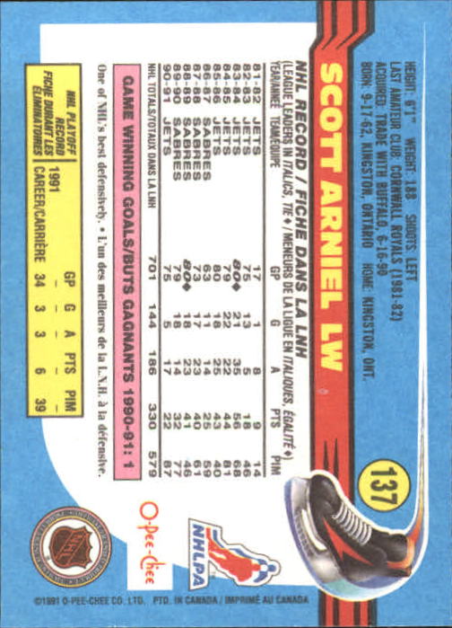 1991-92 O-Pee-Chee #137 Scott Arniel UER back image