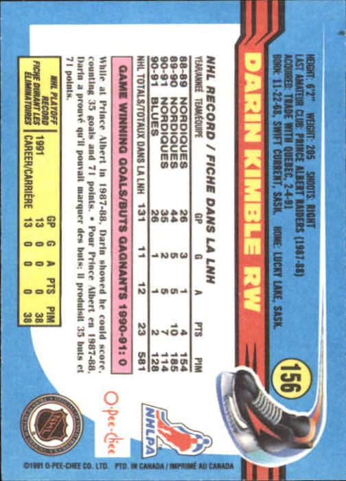 1991-92 O-Pee-Chee #156 Darin Kimble back image