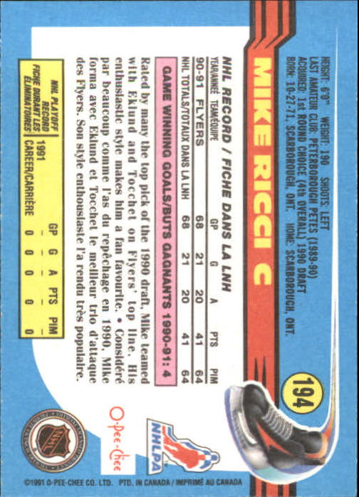 1991-92 O-Pee-Chee #194 Mike Ricci back image