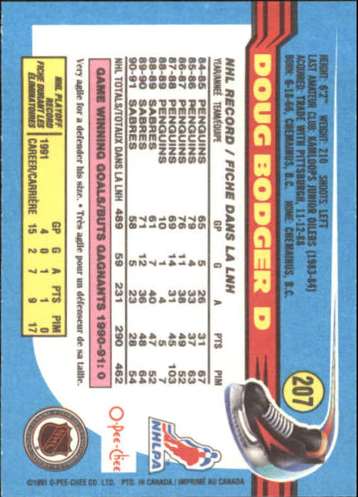 1991-92 O-Pee-Chee #207 Doug Bodger back image