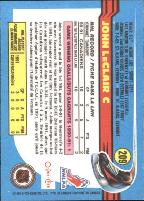 1991-92 O-Pee-Chee #209 John LeClair RC back image