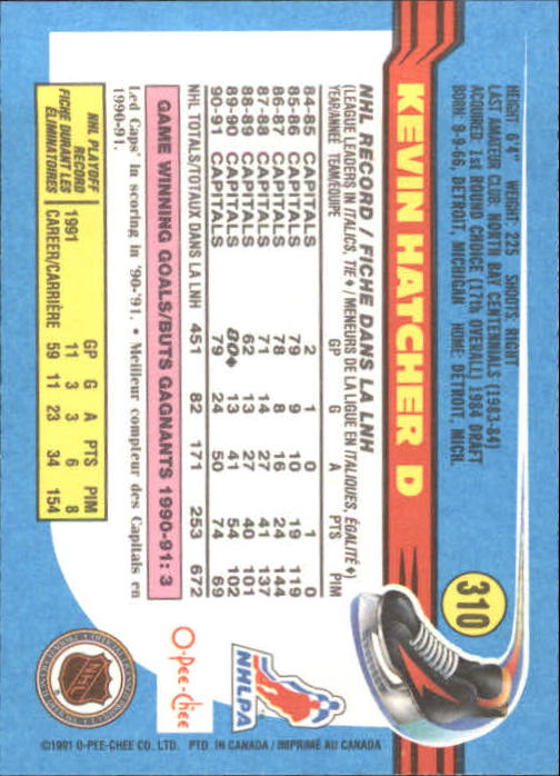 1991-92 O-Pee-Chee #310 Kevin Hatcher back image