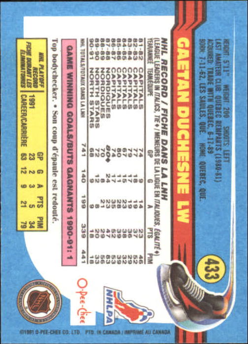 1991-92 O-Pee-Chee #433 Gaetan Duchesne back image