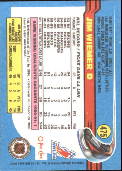1991-92 O-Pee-Chee #475 Jim Wiemer back image