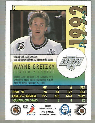 1991-92 OPC Premier #3 Wayne Gretzky UER/Canada Cup stats incorrect back image