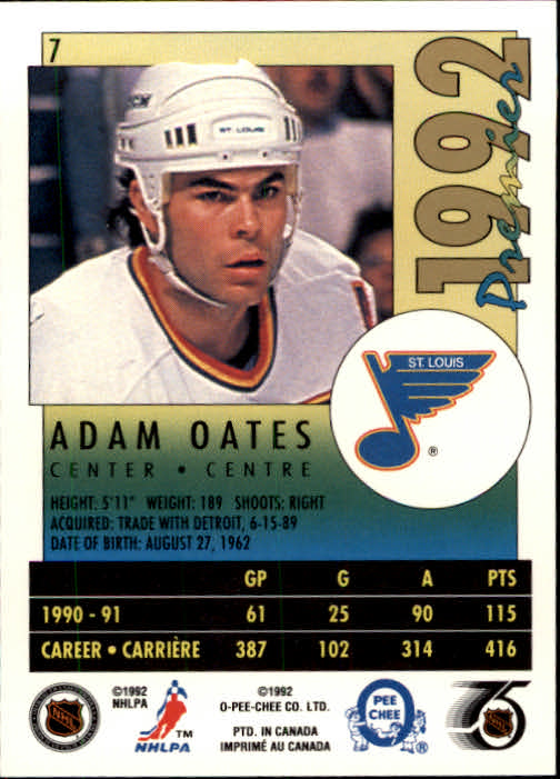 1991-92 OPC Premier #7 Adam Oates back image
