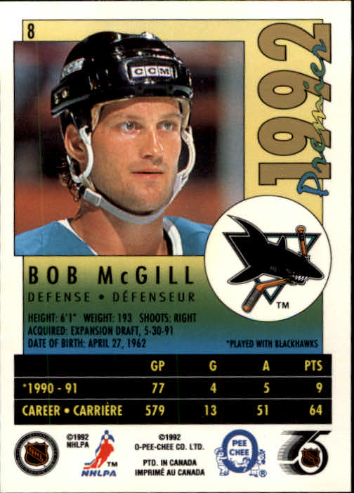 1991-92 OPC Premier #8 Bob McGill back image