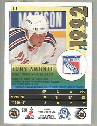 1991-92 OPC Premier #11 Tony Amonte RC back image