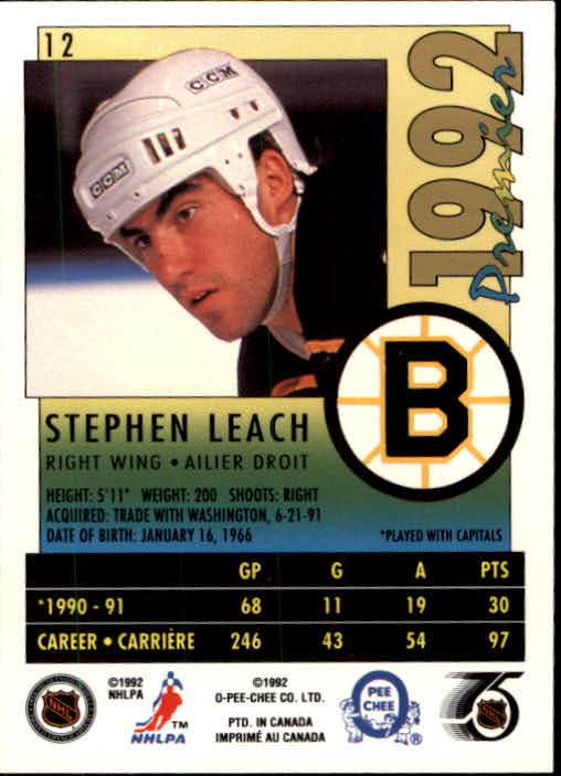 1991-92 OPC Premier #12 Stephen Leach back image
