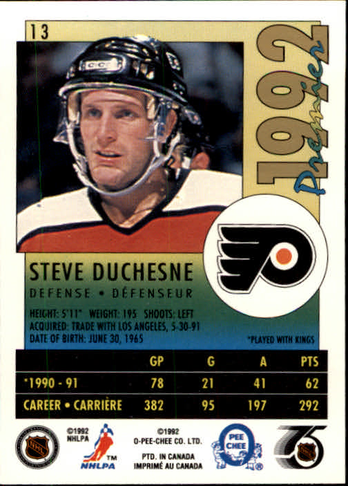 1991-92 OPC Premier #13 Steve Duchesne back image