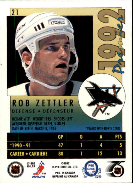1991-92 OPC Premier #21 Rob Zettler back image