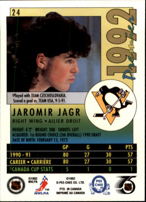 1991-92 OPC Premier #24 Jaromir Jagr back image