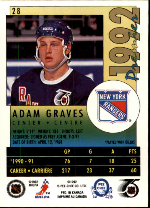 1991-92 OPC Premier #28 Adam Graves back image