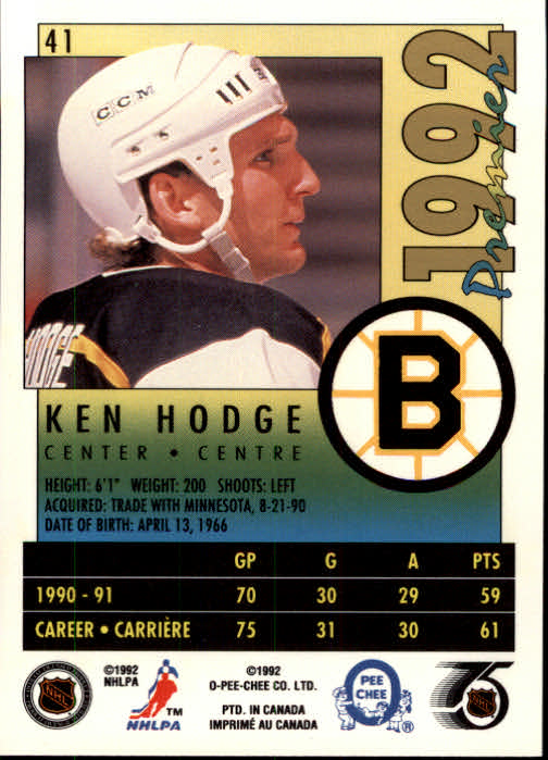 1991-92 OPC Premier #41 Ken Hodge Jr. back image
