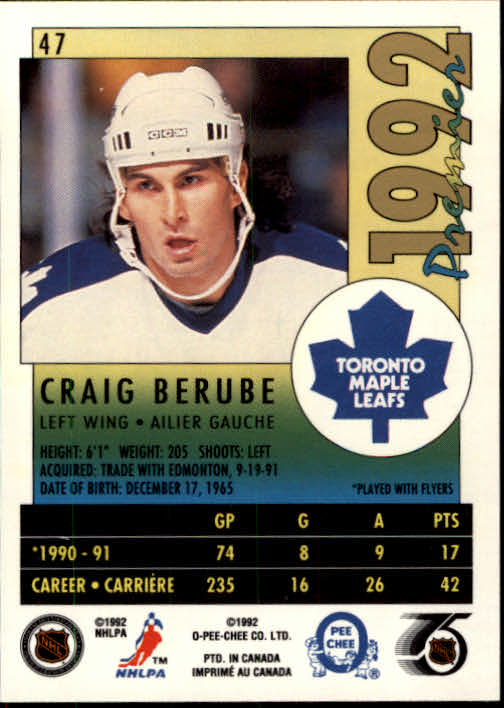 1991-92 OPC Premier #47 Craig Berube back image