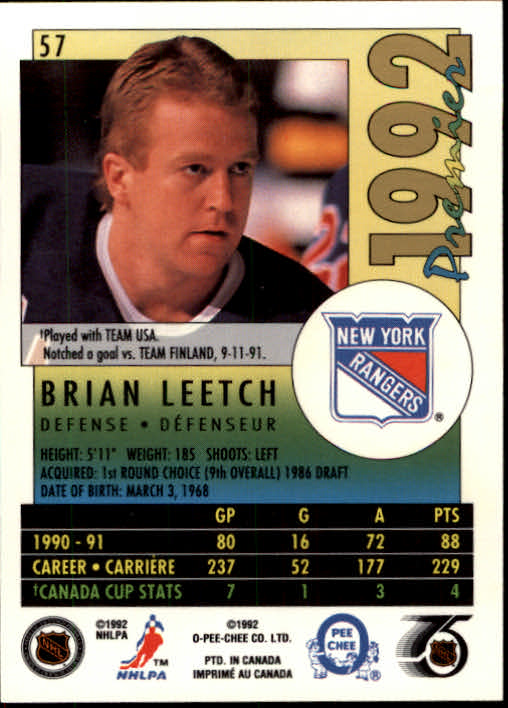 1991-92 OPC Premier #57 Brian Leetch back image