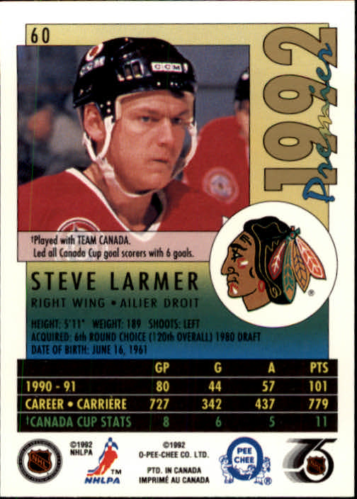 1991-92 OPC Premier #60 Steve Larmer back image