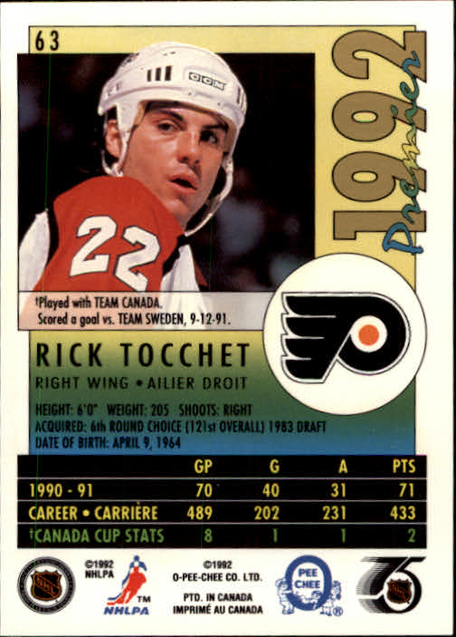 1991-92 OPC Premier #63 Rick Tocchet back image