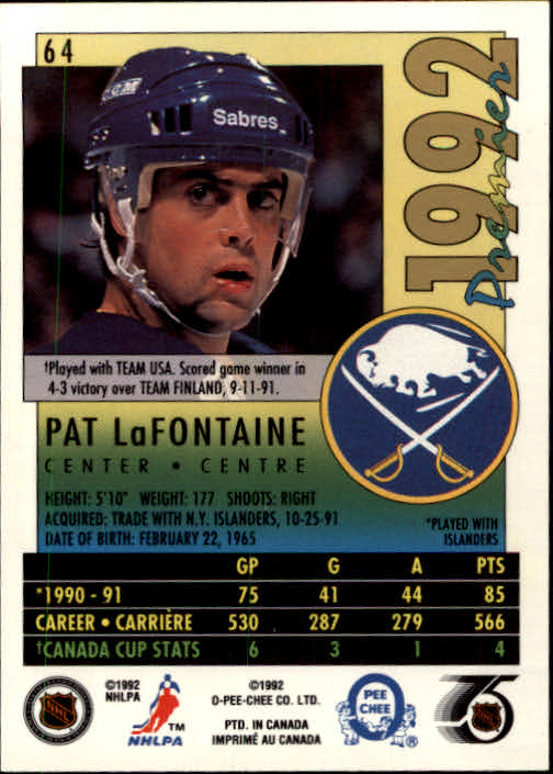 1991-92 OPC Premier #64 Pat LaFontaine back image