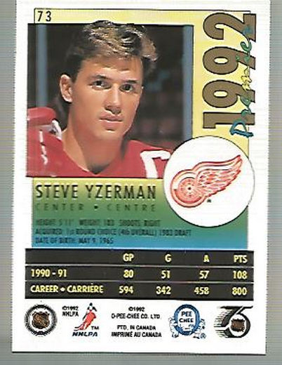 1991-92 OPC Premier #73 Steve Yzerman back image