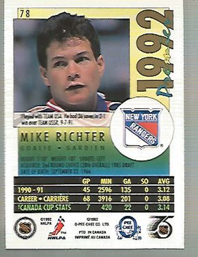 1991-92 OPC Premier #78 Mike Richter back image