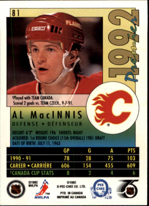 1991-92 OPC Premier #81 Al MacInnis back image