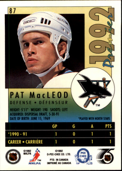 1991-92 OPC Premier #87 Pat MacLeod RC back image