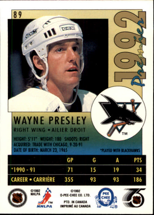 1991-92 OPC Premier #89 Wayne Presley back image