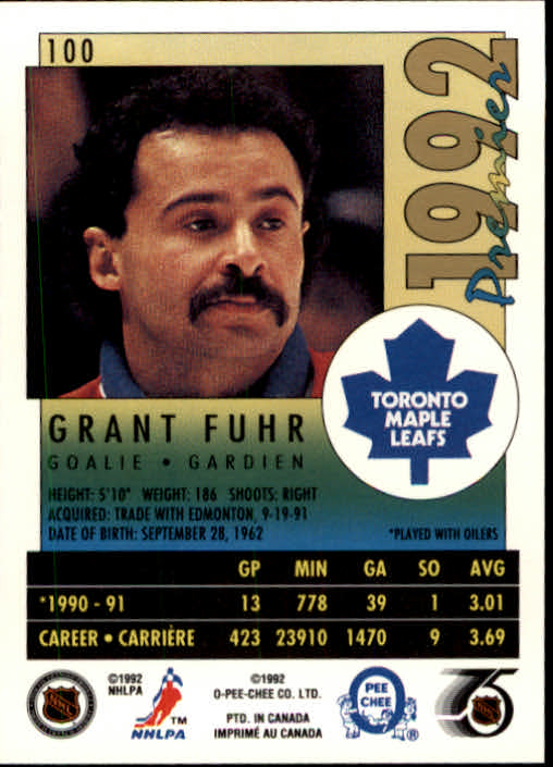 1991-92 OPC Premier #100 Grant Fuhr back image