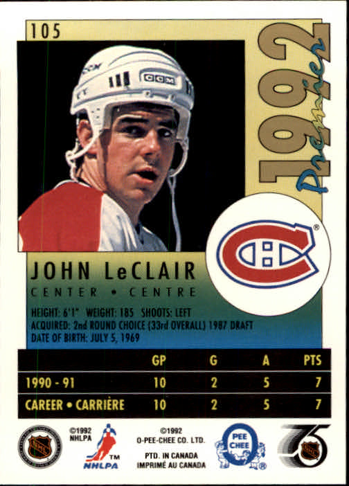 1991-92 OPC Premier #105 John LeClair RC back image