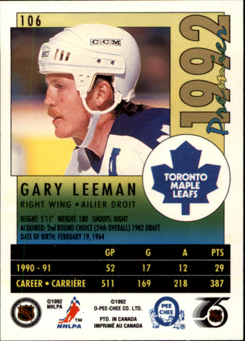 1991-92 OPC Premier #106 Gary Leeman back image