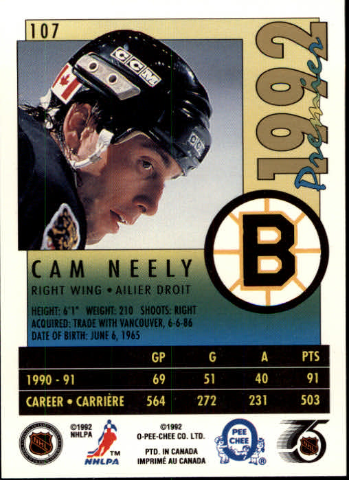 1991-92 OPC Premier #107 Cam Neely back image
