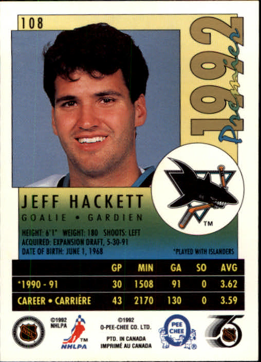 1991-92 OPC Premier #108 Jeff Hackett back image