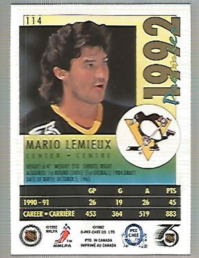 1991-92 OPC Premier #114 Mario Lemieux back image