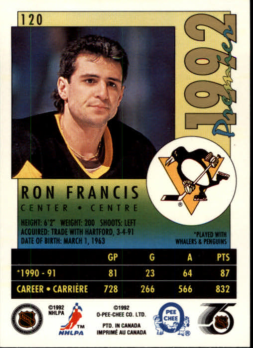 1991-92 OPC Premier #120 Ron Francis back image