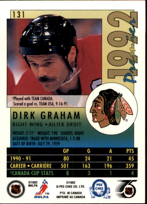 1991-92 OPC Premier #131 Dirk Graham back image