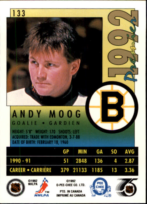 1991-92 OPC Premier #133 Andy Moog back image