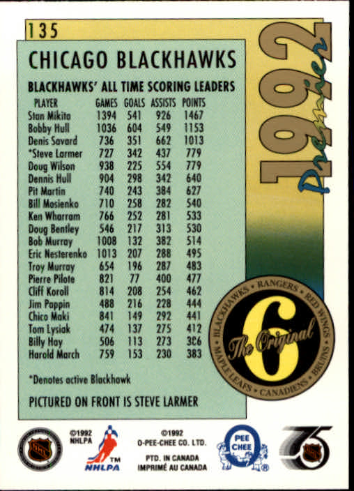 1991-92 OPC Premier #135 Steve Larmer ORIG6 back image