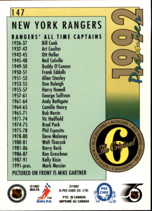 1991-92 OPC Premier #147 Mike Gartner ORIG6 back image