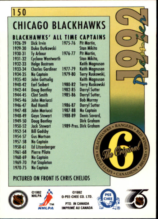1991-92 OPC Premier #150 Chris Chelios ORIG6 back image